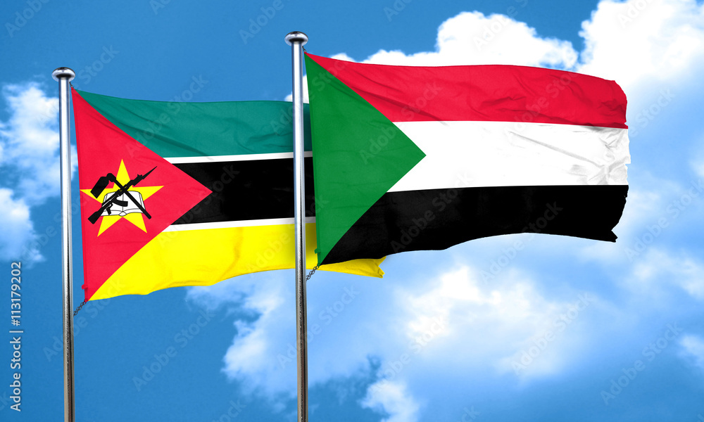 Mozambique flag with Sudan flag, 3D rendering Mozambique flag with Sudan flag, 3D rendering