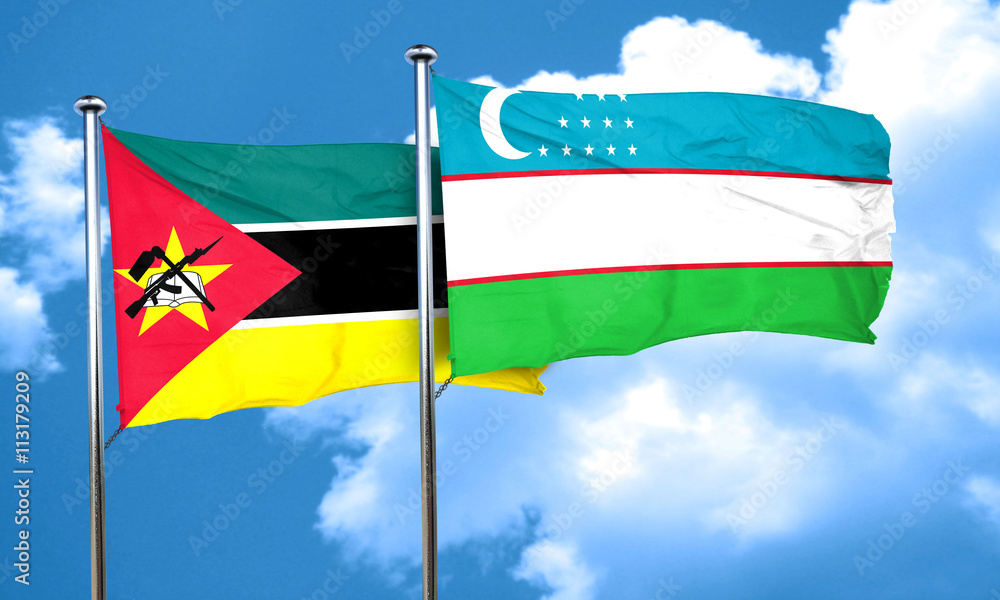 Mozambique flag with Uzbekistan flag, 3D rendering Mozambique flag with Uzbekistan flag, 3D rendering