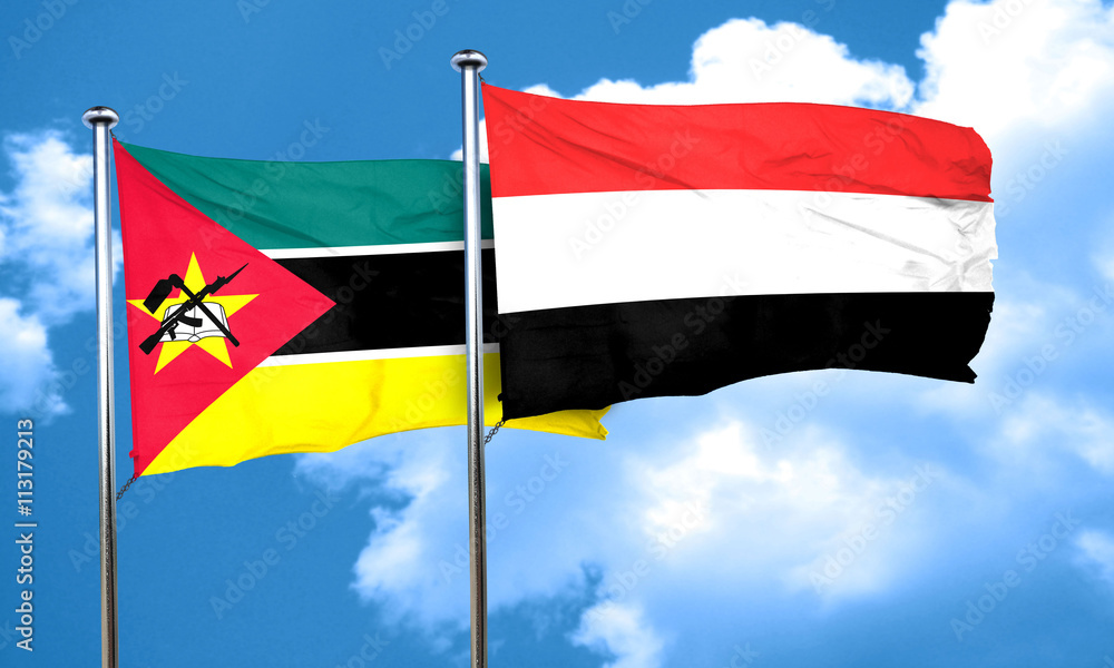 Mozambique flag with Yemen flag, 3D rendering Mozambique flag with Yemen flag, 3D rendering