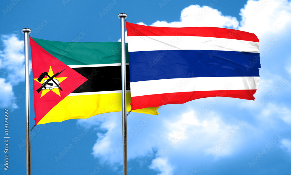 Mozambique flag with Thailand flag, 3D rendering Mozambique flag with Thailand flag, 3D rendering