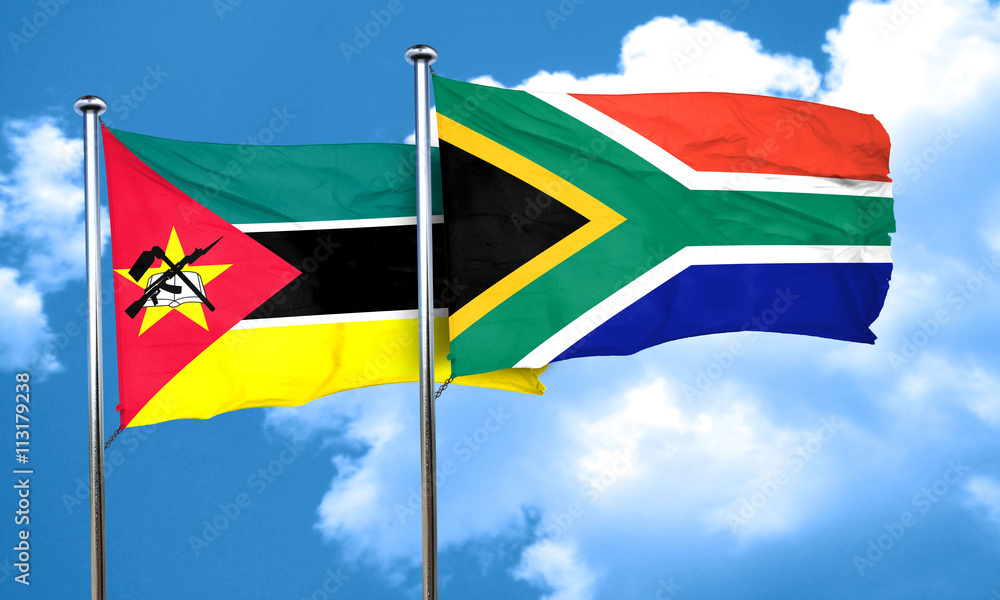 Mozambique flag with South Africa flag, 3D rendering Mozambique flag with South Africa flag, 3D rendering
