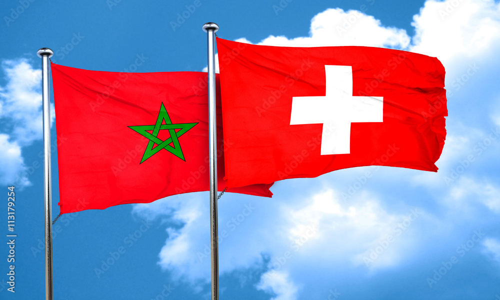 Morocco flag with Switzerland flag, 3D rendering