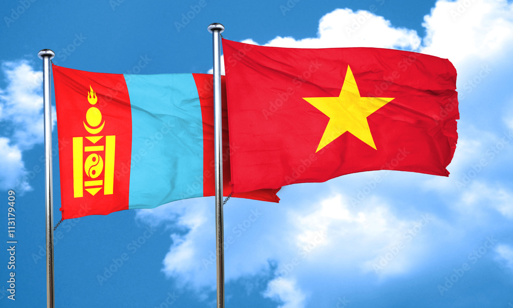 Mongolia flag with Vietnam flag, 3D rendering Mongolia flag with Vietnam flag, 3D rendering