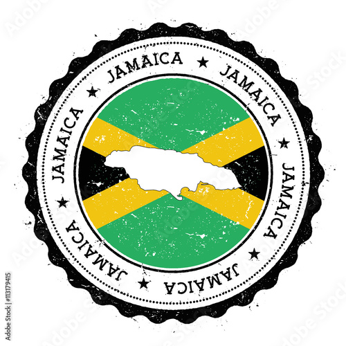 Jamaica map and flag in vintage rubber stamp of state colours. Grungy travel stamp with map and flag of Jamaica. Country map and flag vector illustration.