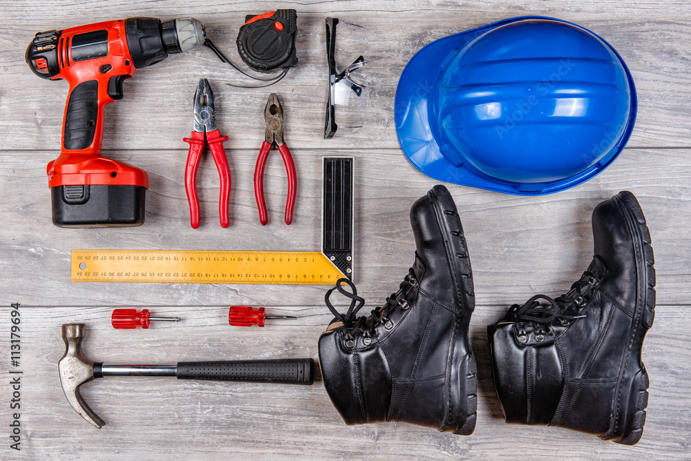 Construction hand tools flat lay Construction hand tools flat lay