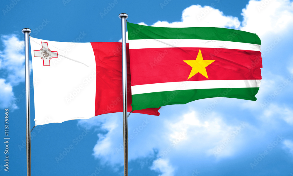 Malta flag with Suriname flag, 3D rendering Malta flag with Suriname flag, 3D rendering