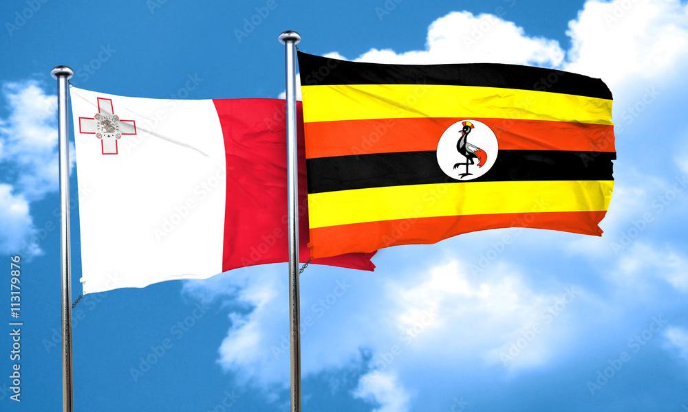 Malta flag with Uganda flag, 3D rendering Malta flag with Uganda flag, 3D rendering