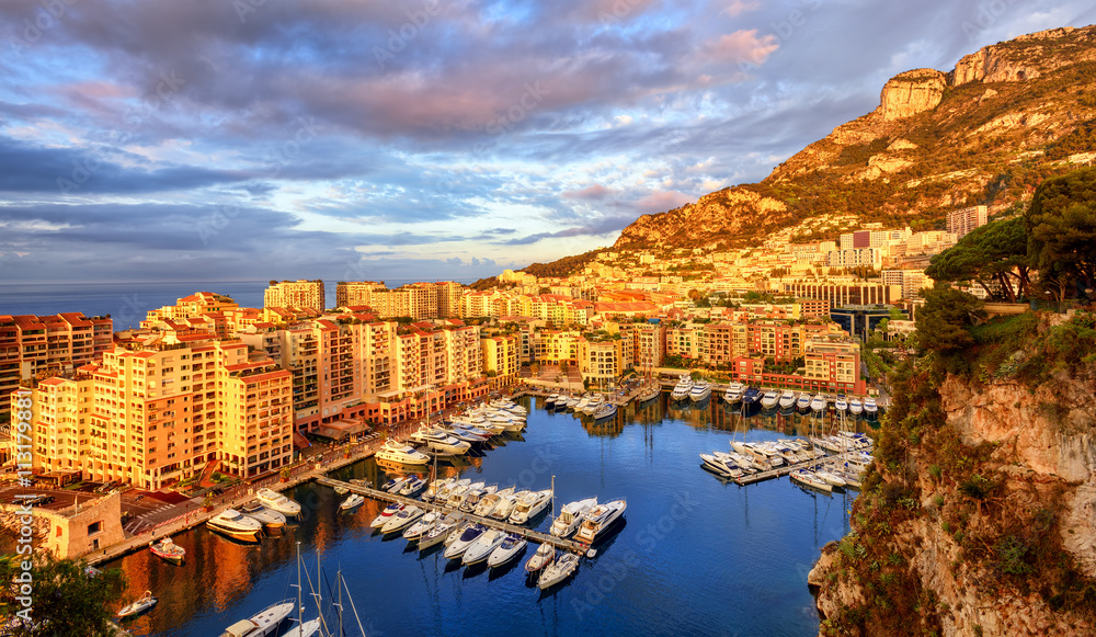 View of the Port Fontvieille on sunrise, Monaco, France