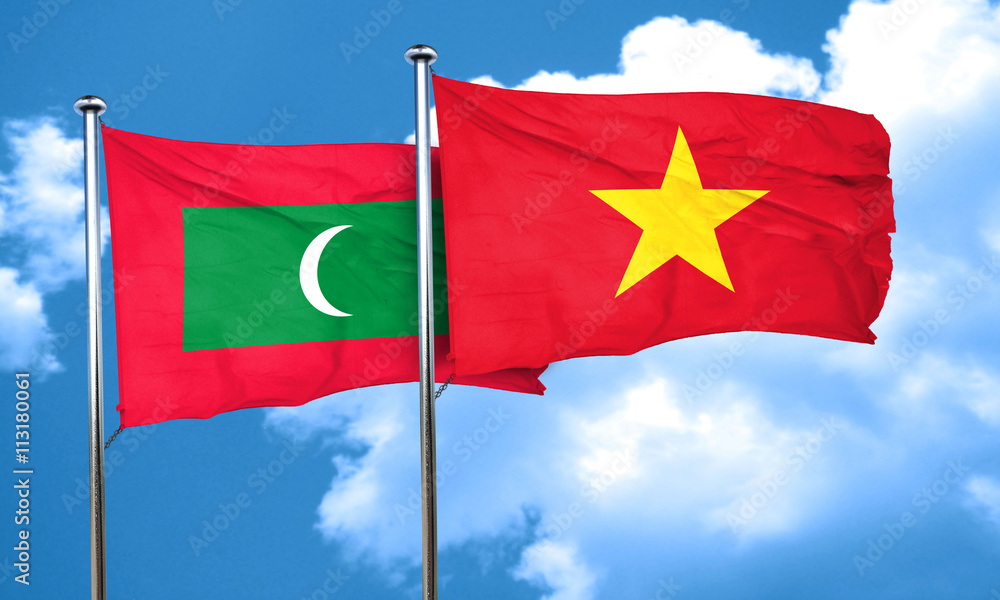 Maldives flag with Vietnam flag, 3D rendering Maldives flag with Vietnam flag, 3D rendering