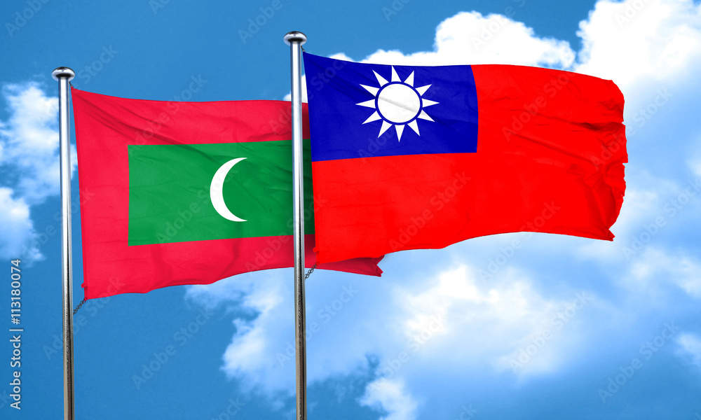 Maldives flag with Taiwan flag, 3D rendering Maldives flag with Taiwan flag, 3D rendering