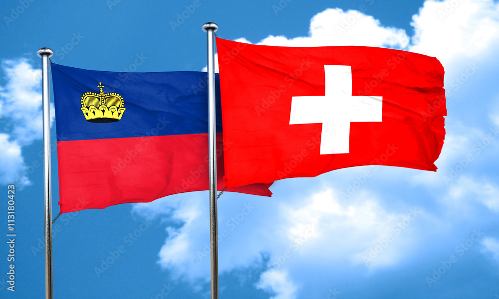 Liechtenstein flag with Switzerland flag, 3D rendering
