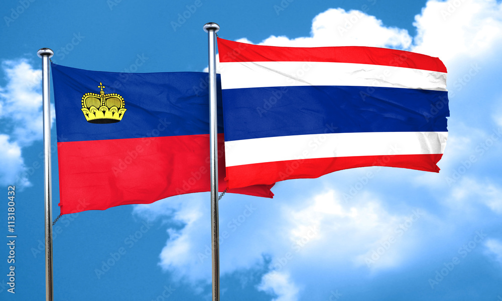 Liechtenstein flag with Thailand flag, 3D rendering Liechtenstein flag with Thailand flag, 3D rendering