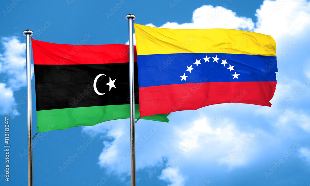 Libya flag with Venezuela flag, 3D rendering Libya flag with Venezuela flag, 3D rendering