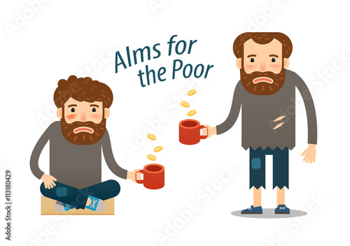 street beggar. hungry man asks for money with a mug in hand.