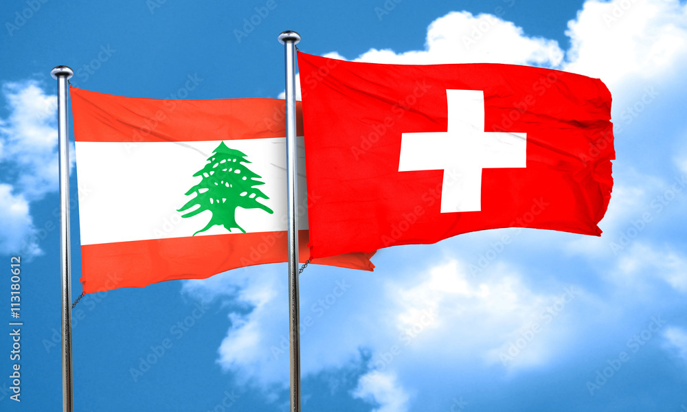 Lebanon flag with Switzerland flag, 3D rendering