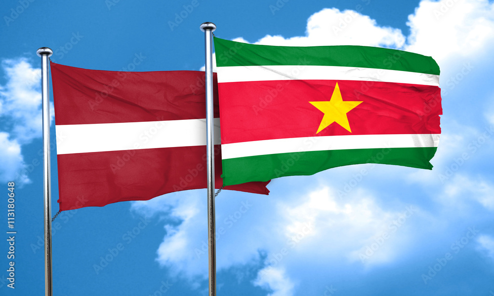 Latvia flag with Suriname flag, 3D rendering Latvia flag with Suriname flag, 3D rendering