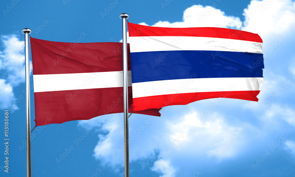 Latvia flag with Thailand flag, 3D rendering Latvia flag with Thailand flag, 3D rendering
