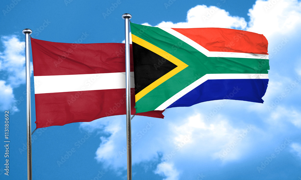 Latvia flag with South Africa flag, 3D rendering Latvia flag with South Africa flag, 3D rendering