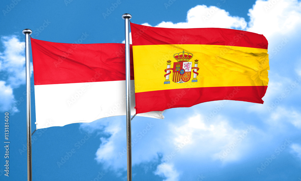 Indonesia flag with Spain flag, 3D rendering Indonesia flag with Spain flag, 3D rendering