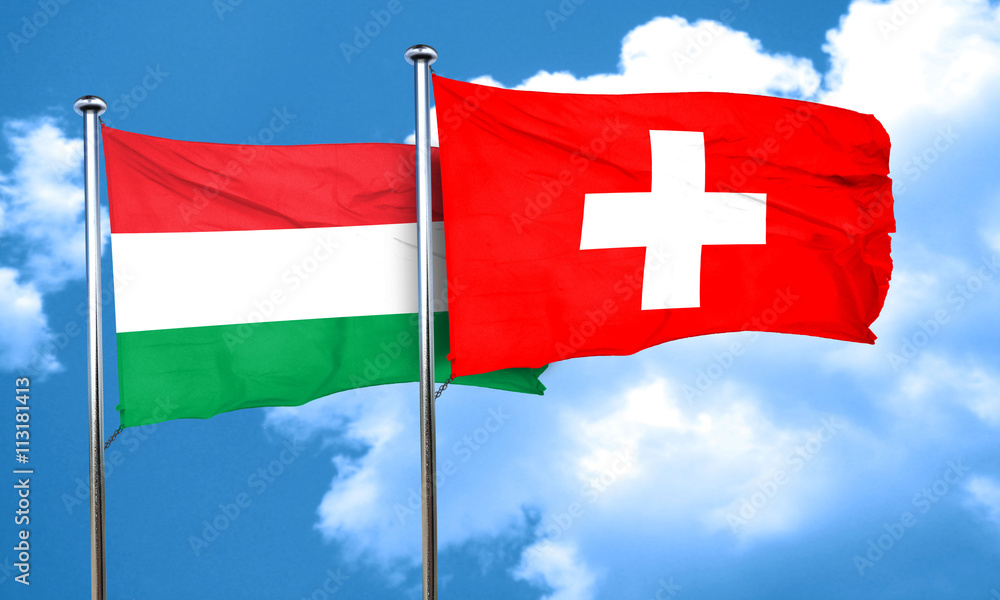 Hungary flag with Switzerland flag, 3D rendering