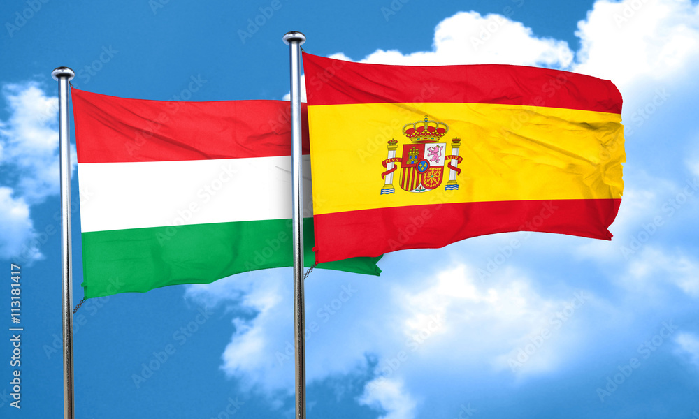 Obraz premium Hungary flag with Spain flag, 3D rendering