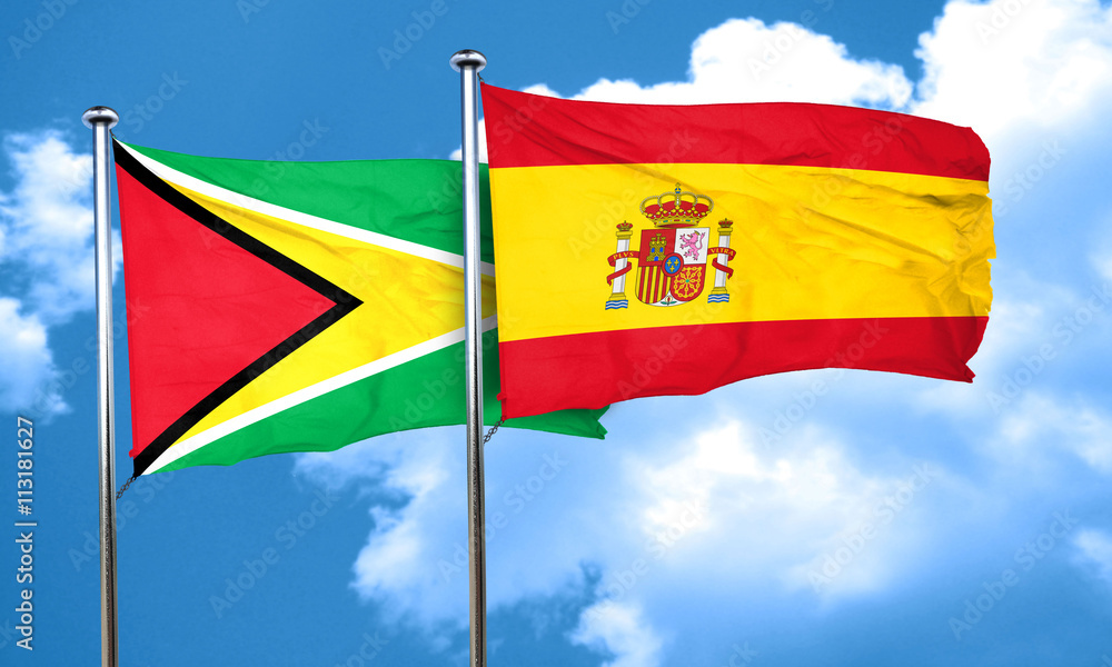 Guyana flag with Spain flag, 3D rendering