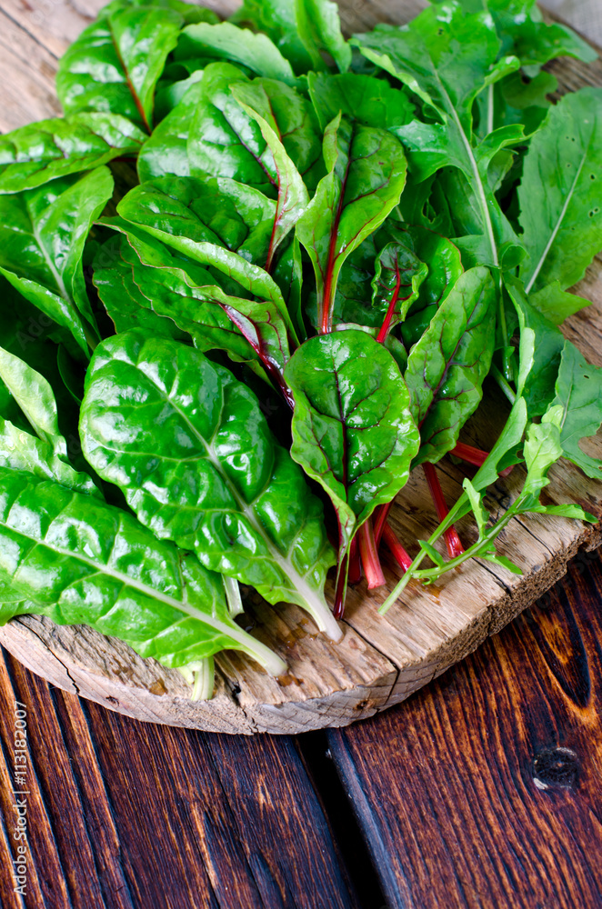 Fresh leaves of spinach, chard and arugula