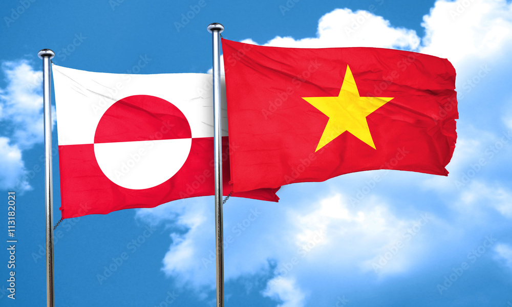 greenland flag with Vietnam flag, 3D rendering greenland flag with Vietnam flag, 3D rendering
