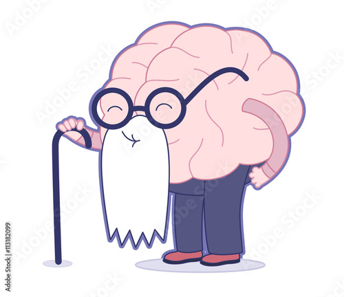 Age flat cartoon vector illustration - an old brain wearing round glasses and long white beard holding a stick. Part of a Brain collection.