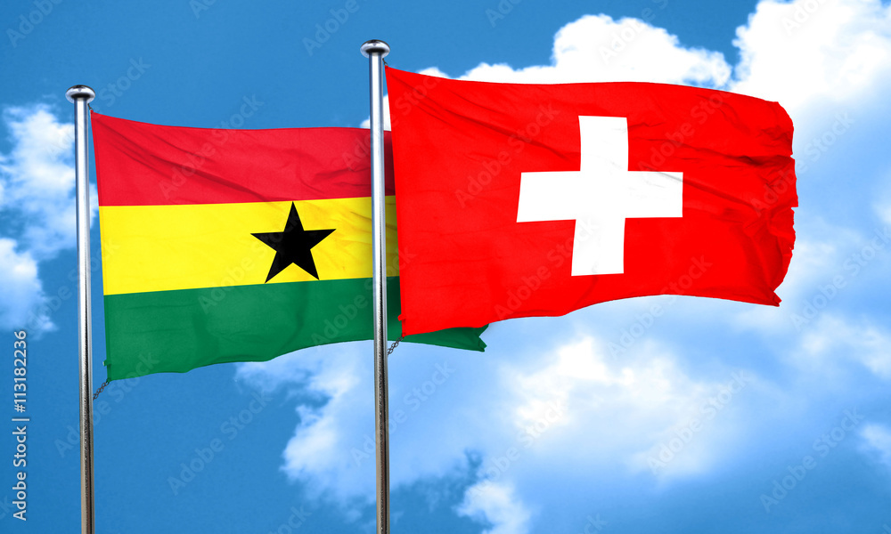 Ghana flag with Switzerland flag, 3D rendering
