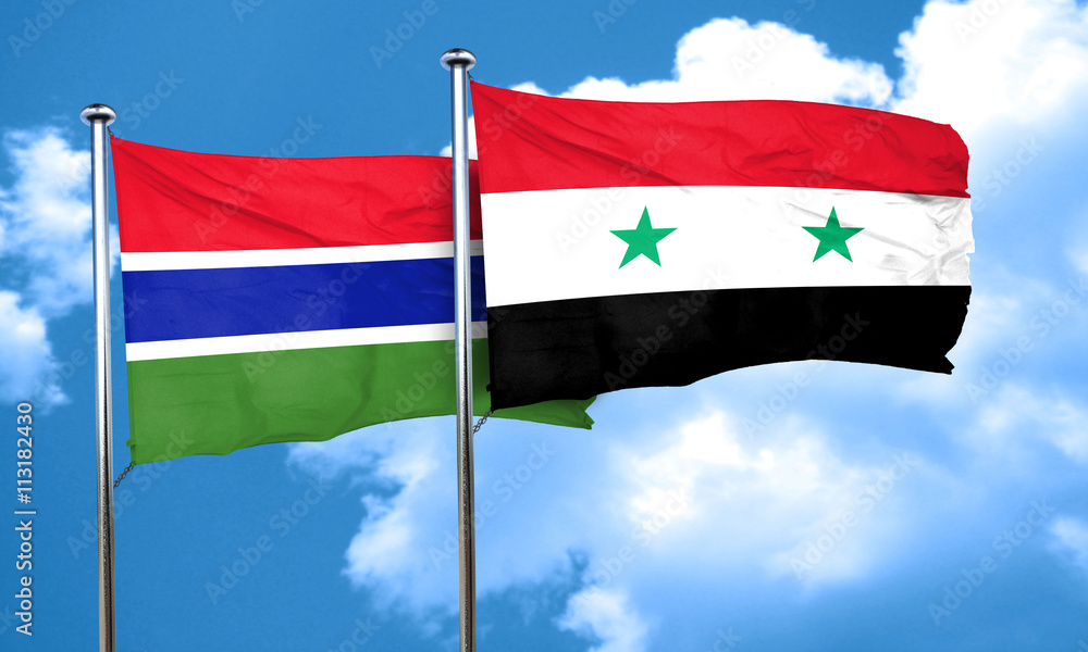 Gambia flag with Syria flag, 3D rendering Gambia flag with Syria flag, 3D rendering