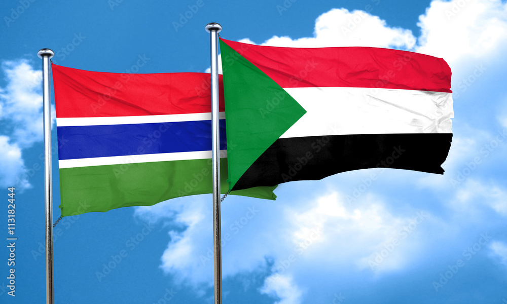 Gambia flag with Sudan flag, 3D rendering Gambia flag with Sudan flag, 3D rendering