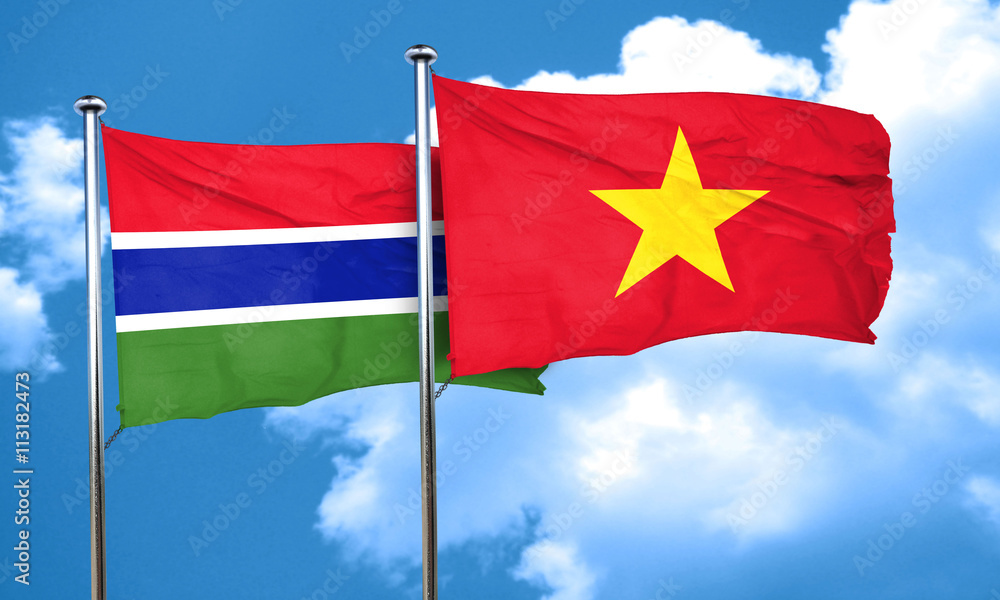 Gambia flag with Vietnam flag, 3D rendering Gambia flag with Vietnam flag, 3D rendering