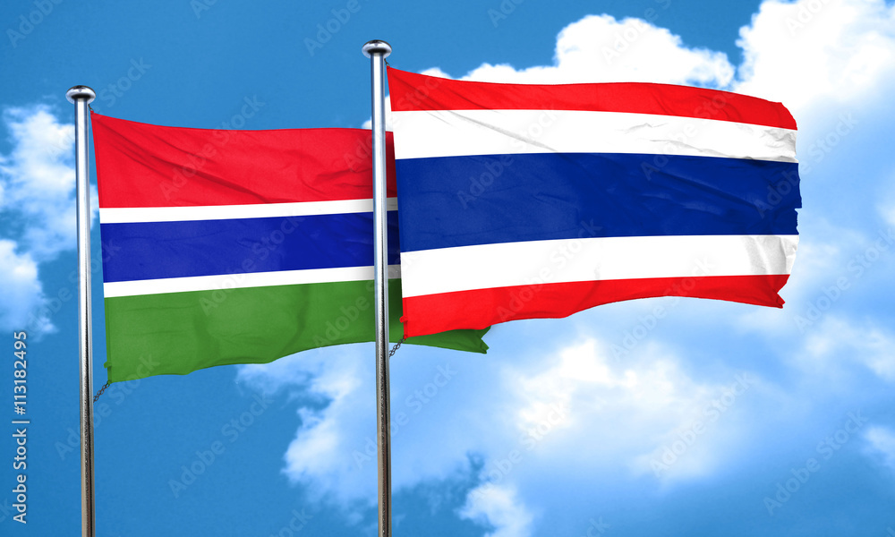 Gambia flag with Thailand flag, 3D rendering Gambia flag with Thailand flag, 3D rendering