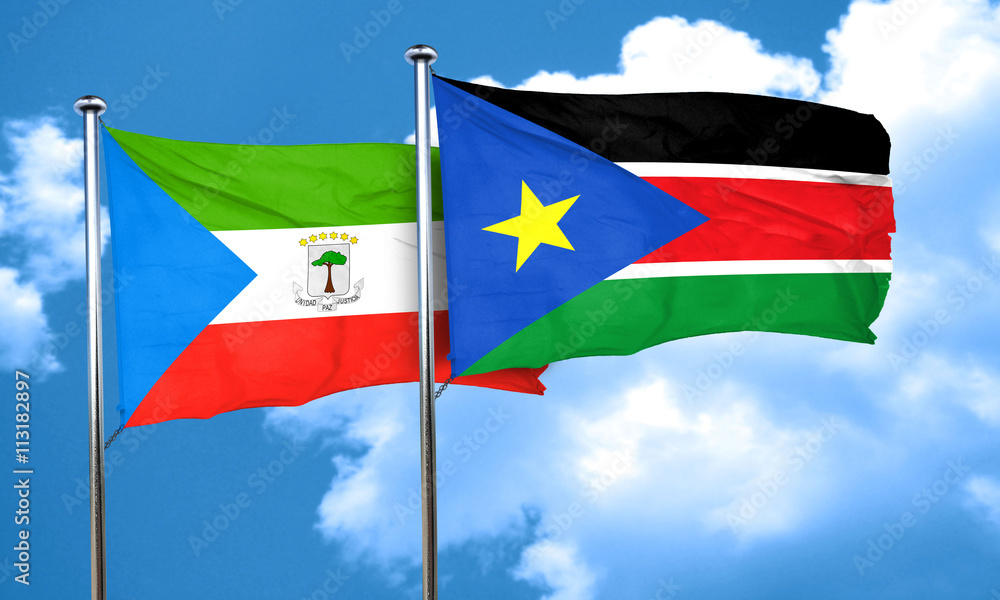 Equatorial guinea flag with South Sudan flag, 3D rendering Equatorial guinea flag with South Sudan flag, 3D rendering