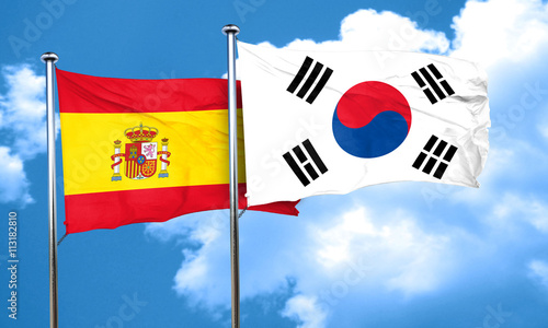Spanish flag with South Korea flag, 3D rendering