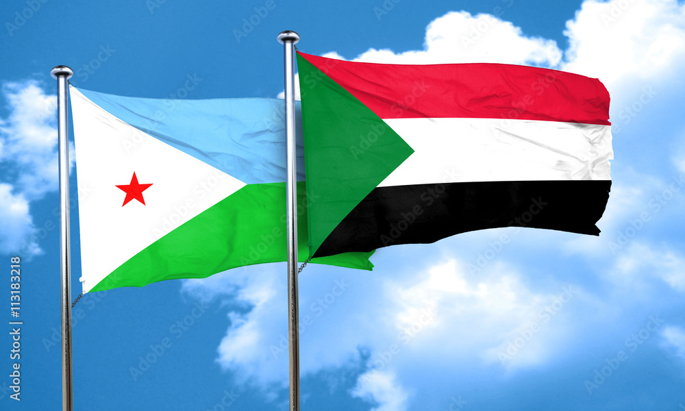 Djibouti flag with Sudan flag, 3D rendering Djibouti flag with Sudan flag, 3D rendering
