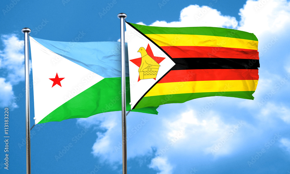 Djibouti flag with Zimbabwe flag, 3D rendering Djibouti flag with Zimbabwe flag, 3D rendering