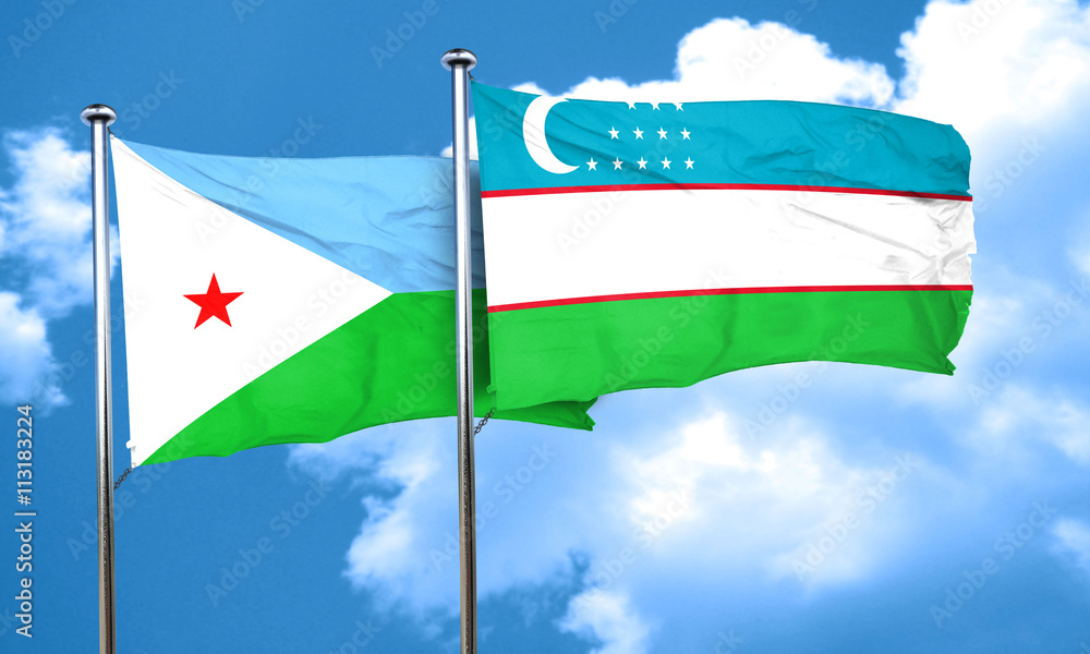Djibouti flag with Uzbekistan flag, 3D rendering Djibouti flag with Uzbekistan flag, 3D rendering