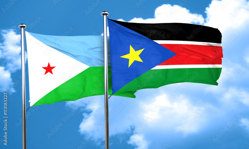 Djibouti flag with South Sudan flag, 3D rendering Djibouti flag with South Sudan flag, 3D rendering