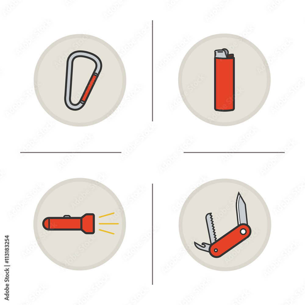Camping equipment color icons set Camping equipment color icons set
