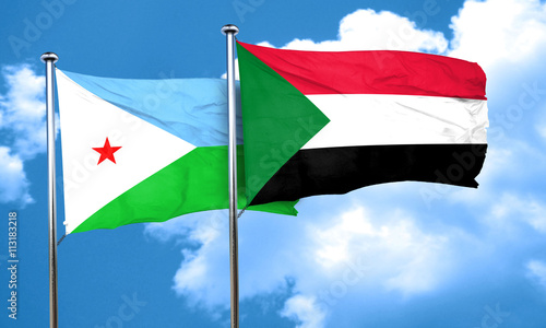 Djibouti flag with Sudan flag, 3D rendering