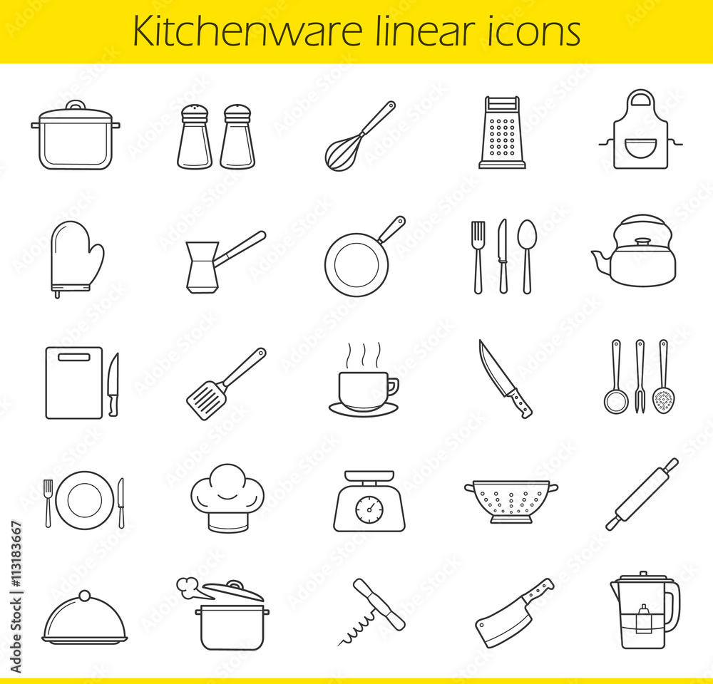 Fototapeta premium Kitchenware linear icons set