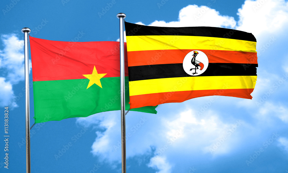 Burkina Faso flag with Uganda flag, 3D rendering Burkina Faso flag with Uganda flag, 3D rendering
