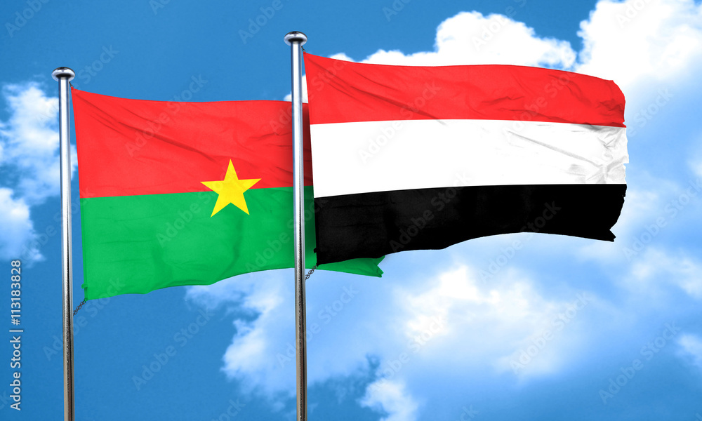 Burkina Faso flag with Yemen flag, 3D rendering Burkina Faso flag with Yemen flag, 3D rendering