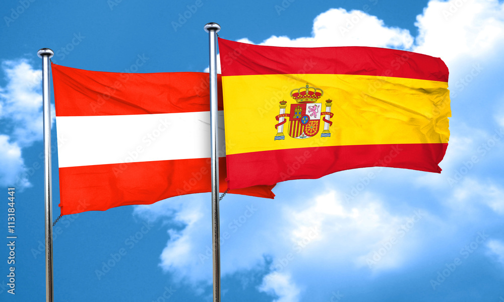 Austria flag with Spain flag, 3D rendering Austria flag with Spain flag, 3D rendering