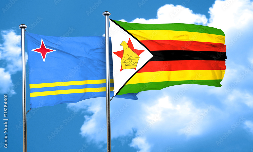 Naklejka premium aruba flag with Zimbabwe flag, 3D rendering