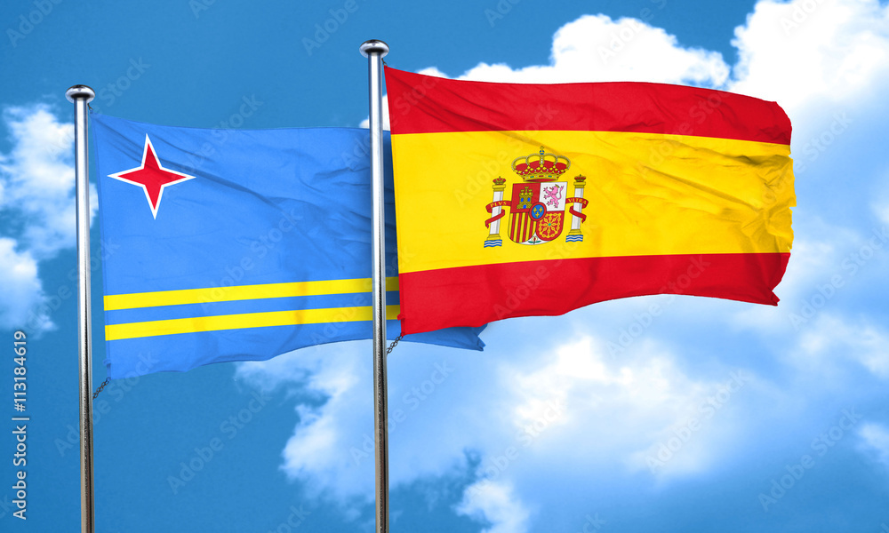 aruba flag with Spain flag, 3D rendering aruba flag with Spain flag, 3D rendering