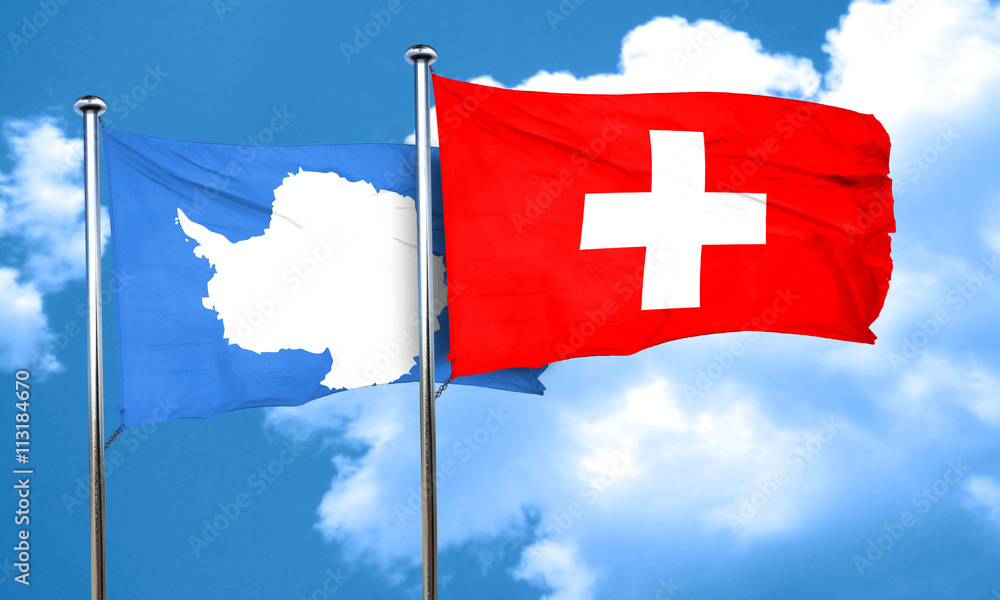 antarctica flag with Switzerland flag, 3D rendering