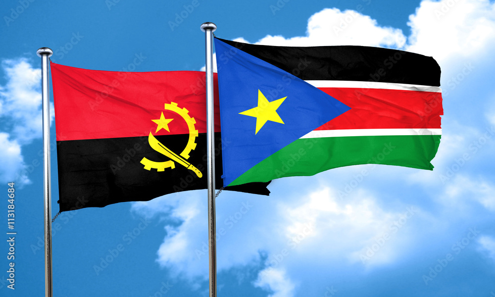Angola flag with South Sudan flag, 3D rendering Angola flag with South Sudan flag, 3D rendering
